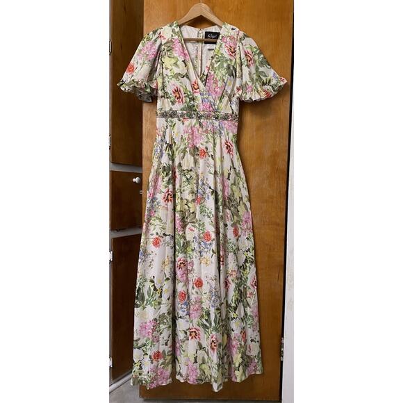 MAC DUGGAL Floral Print Maxi Dress Gown 9079 Beaded Waist Flutter Sleeve Sz 4 - Picture 2 of 10